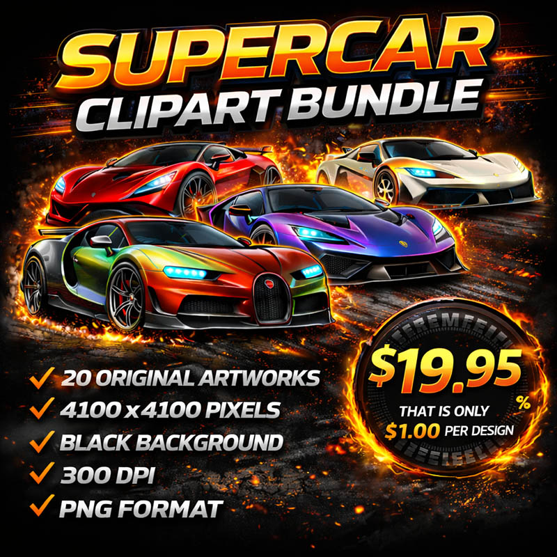 20 Super Car Art Bundle Super Cars Clipart PNG Designs Digital Download