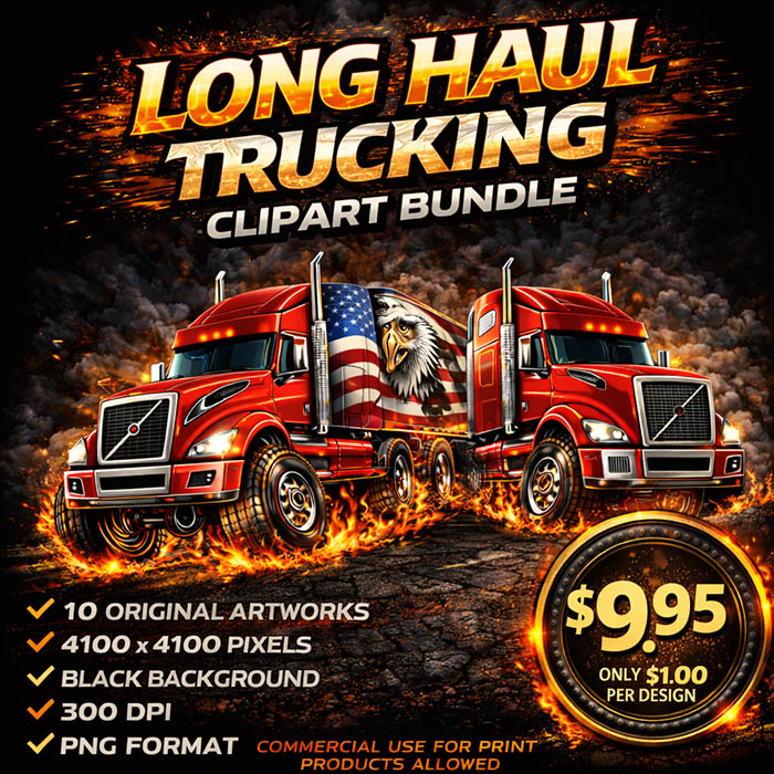 10 Long Haul Trucking Art Bundle Semi Truck Clipart PNG Designs Digital Download