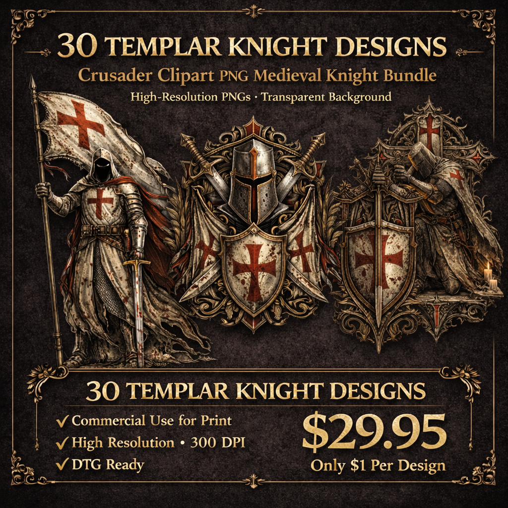 30 Templar Knight Designs Crusader Clipart PNG Medieval Knight Art Bundle