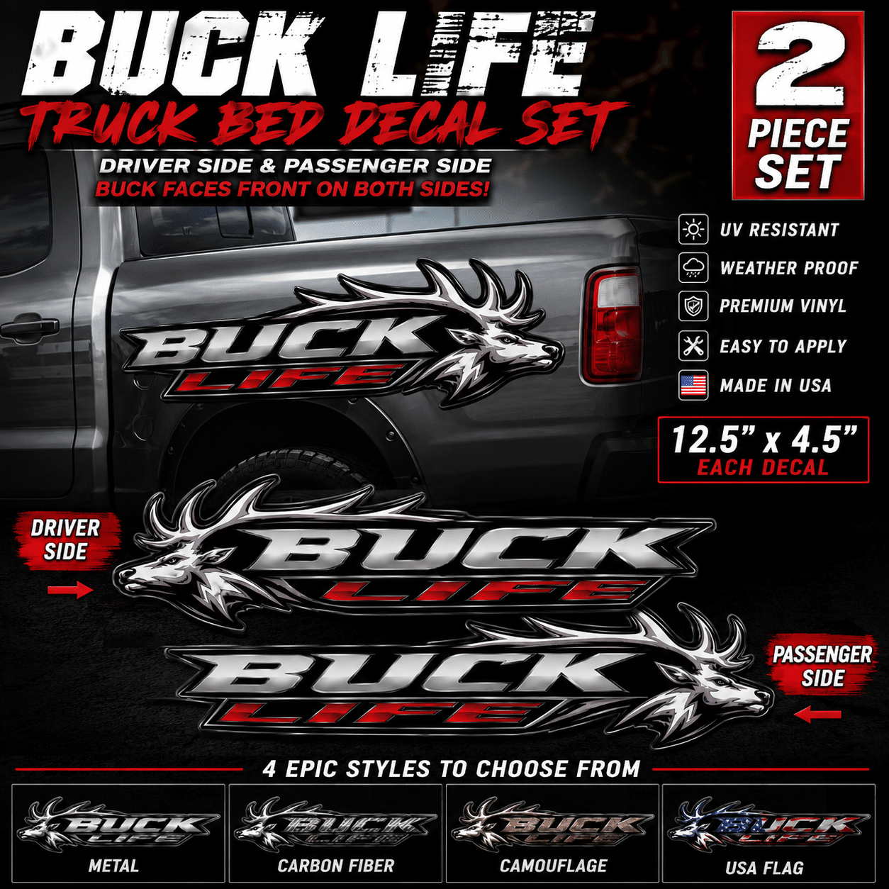 BUCK LIFE Truck Bed Decal Set Pair Deer Hunting Sticker